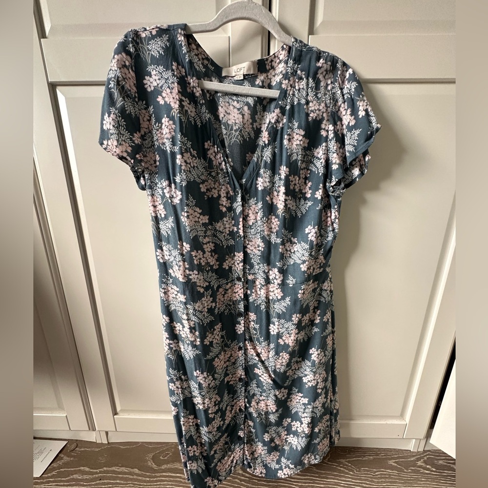 LOFT Floral Button Front Dress Size 8 Blue Pink Short Sleeve